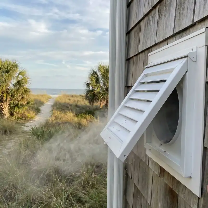 Clean dryer vent cap on the exterior of a Wild Dunes home with good airflow.