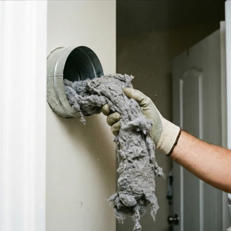 A large clump of lint being removed from a dryer vent duct to prevent fire hazards.