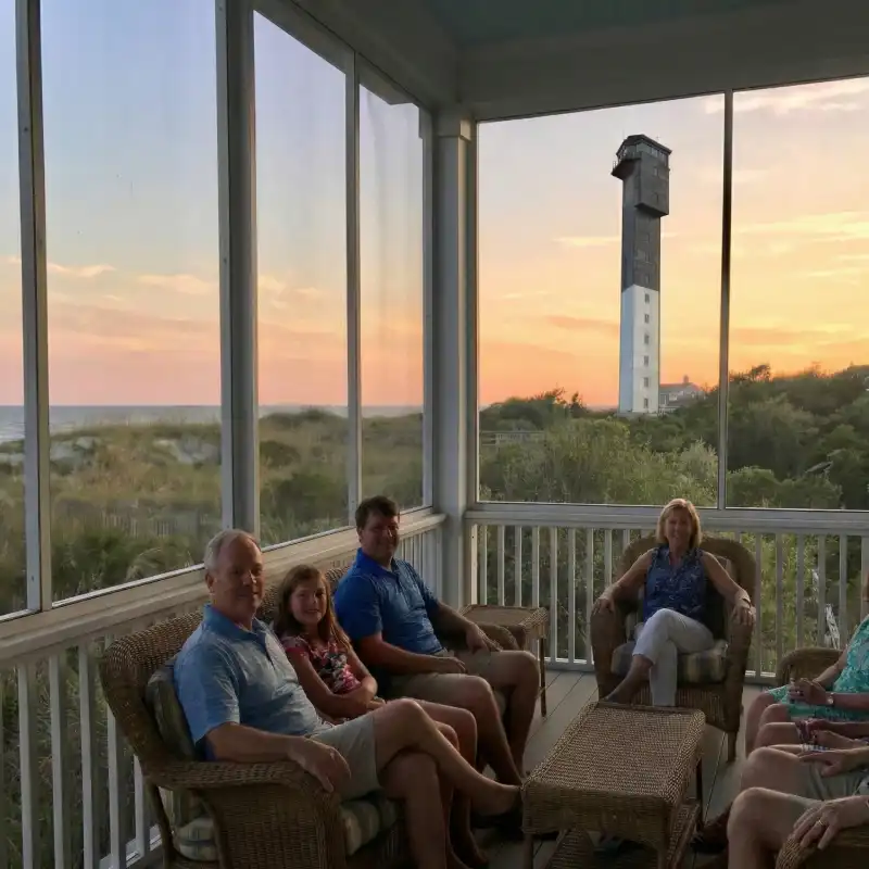 A multi-generational family relaxing on a screened porch on Sullivan's Island with the historic lighthouse visible in the background at sunset.