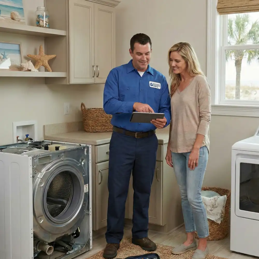Technician explaining repair options to a homeowner in an Isle of Palms laundry room.