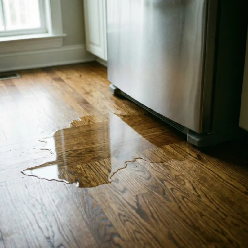 Close up view of water pooling on oak hardwood floors coming from underneath a stainless steel refrigerator in an Isle of Palms kitchen.