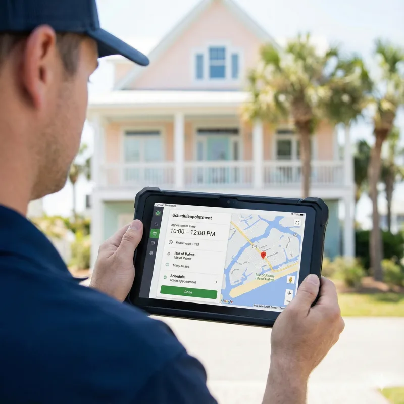 Appliance technician checking a precise appointment time on a digital tablet in front of an Isle of Palms beach house.