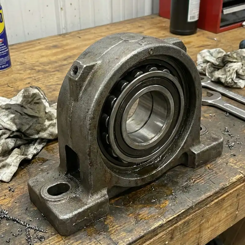 Heavy duty commercial bearing assembly for a UniMac washer extractor sitting on a workbench.